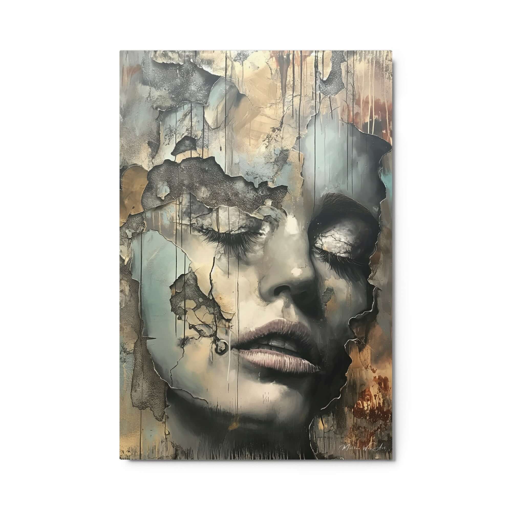 Limited edition abstract artwork ‘Whispers of Eternity - Enigmatic Woman Aluminum Print’ printed on premium metal, a bold, exclusive piece for modern art enthusiasts by Milton Wes Art.