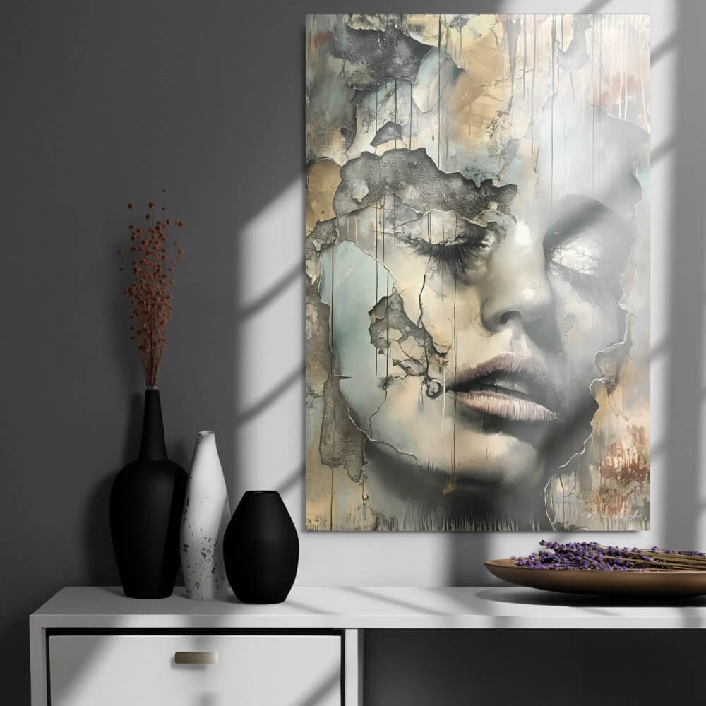 Limited edition abstract artwork ‘Whispers of Eternity - Enigmatic Woman Aluminum Print’ printed on premium metal, a bold, exclusive piece for modern art enthusiasts by Milton Wes Art.