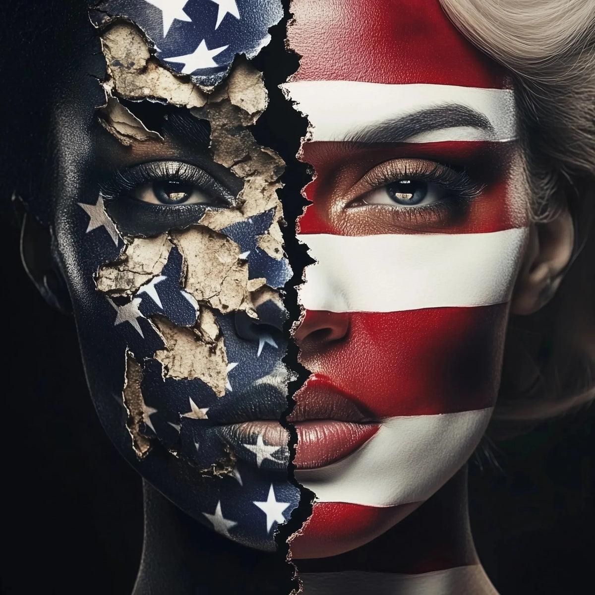 Milton Wes Art luxury art print – powerful portrait of two faces merging, one painted with a cracked and weathered American flag, symbolizing unity, division, and the complexity of American identity.