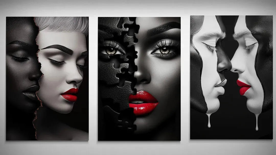 Unapologetic black and white wall art with bold red lips – unique and modern home decor statement piece, perfect for luxury interiors and collectors