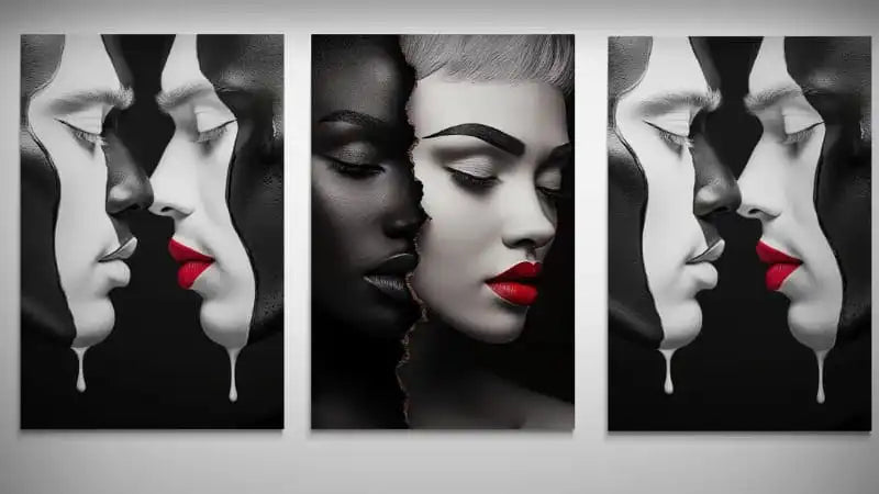 Unapologetic black and white wall art with bold red lips – unique and modern home decor statement piece, perfect for luxury interiors and collectors