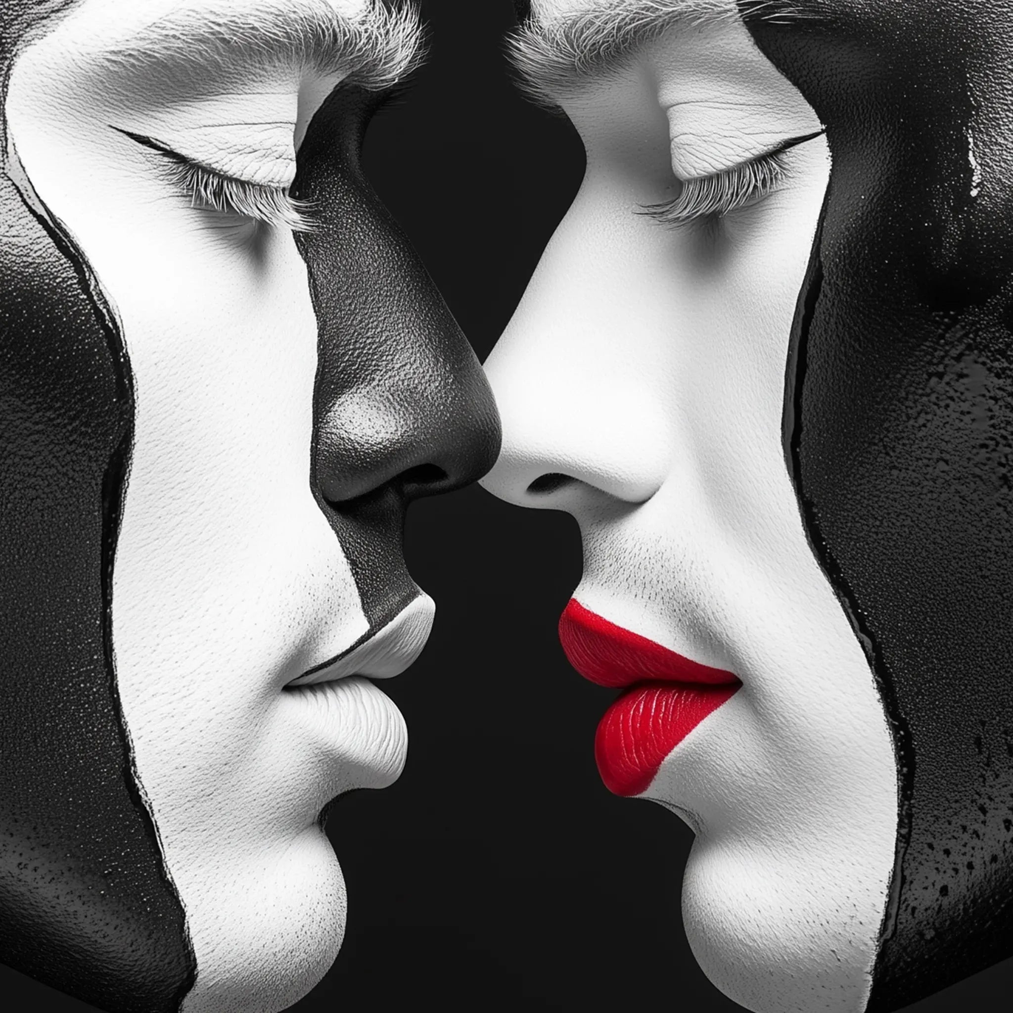  Milton Wes Art luxury metal art print – striking black and white surreal portrait of two faces merging with dripping paint and bold red lips, symbolizing contrast, unity, and artistic expression