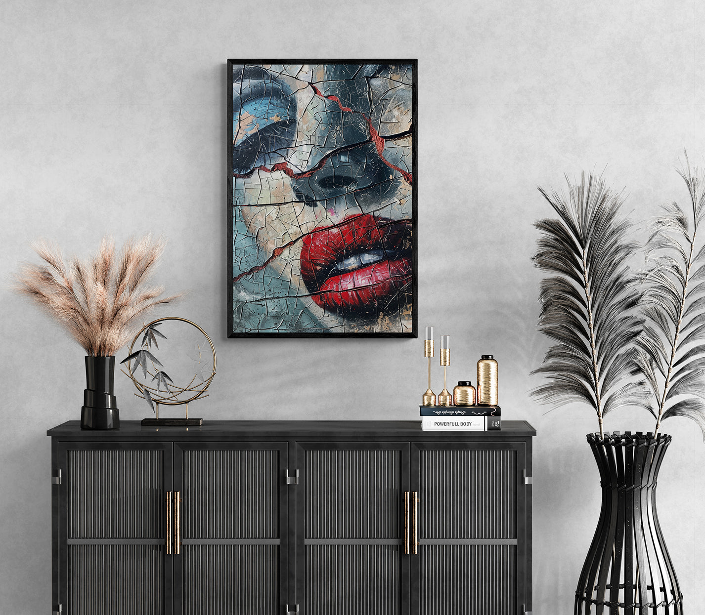 Elegant framed canvas print featuring a textured portrait with vibrant red lips by Milton Wes Art, enhancing the modern room decor and available for purchase