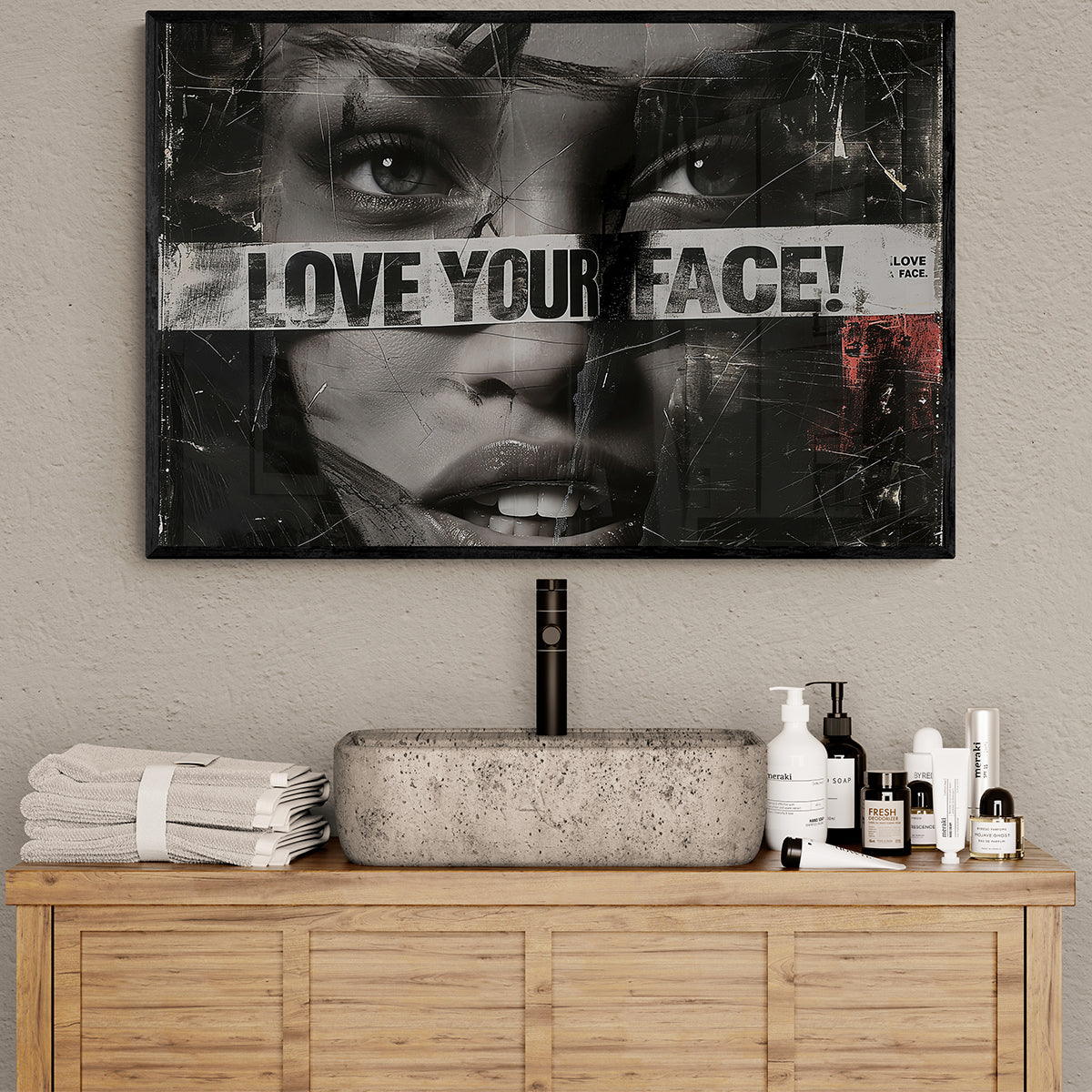 Contemporary framed print by Milton Wes Art with the text 'I Love Your Face' displayed above a modern bathroom sink, available for purchase.