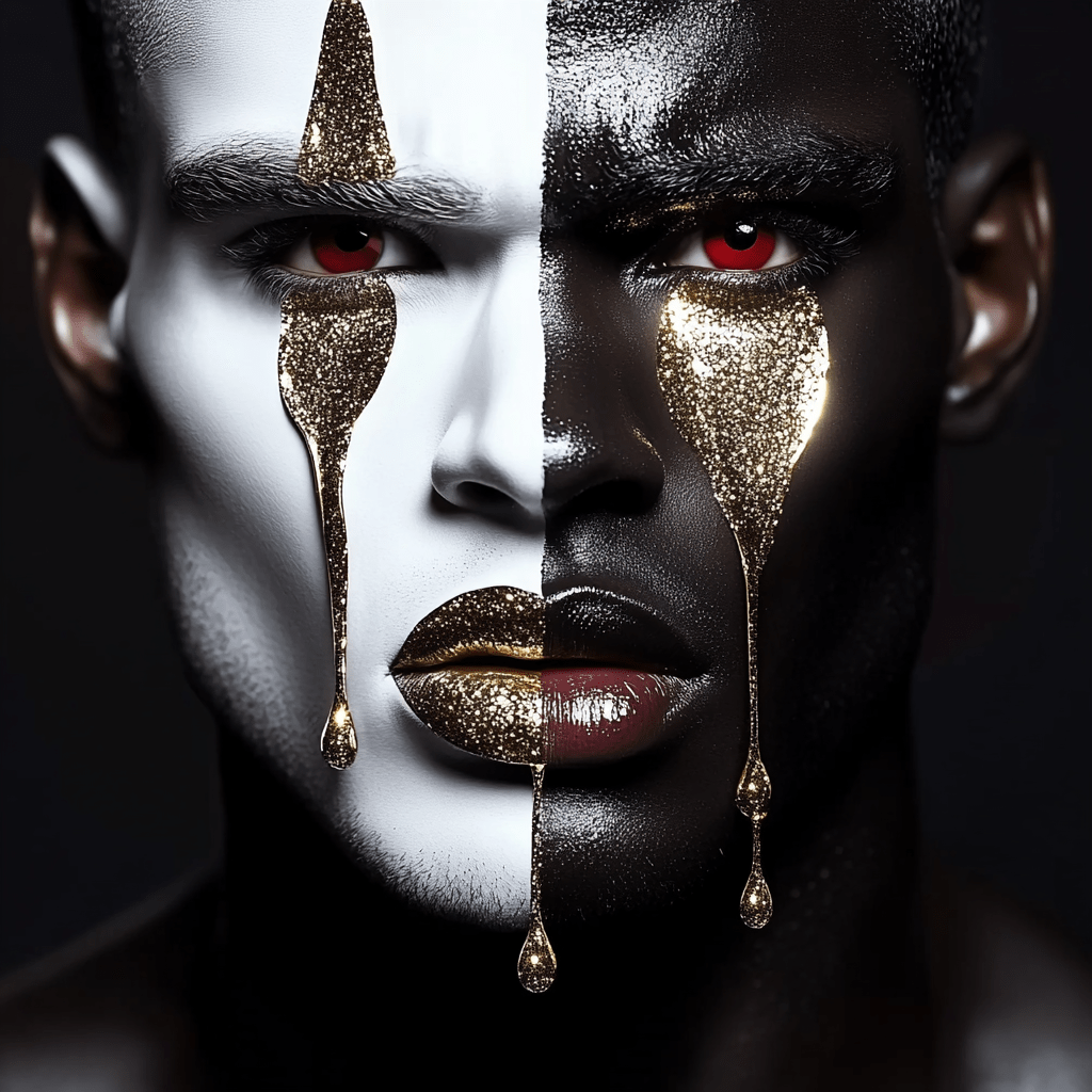 Luxury contemporary art portrait featuring a striking dual-faced figure with half white and half black skin, adorned with gold glitter tears and metallic lips, symbolizing emotional duality and artistic elegance."