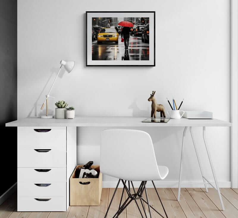 Modern home office with New York Taxi poster art, featuring a vibrant yellow cab in cityscape, adding Afrocentric wall décor and colorful framed art