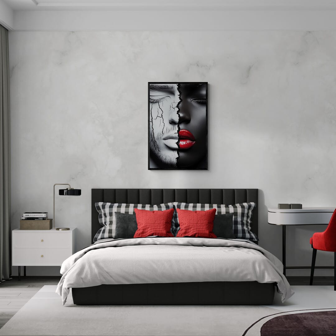 Dual Essence: Black and White Cracked Faces framed canvas art in a modern bedroom, showcasing abstract African-American art with red accents.