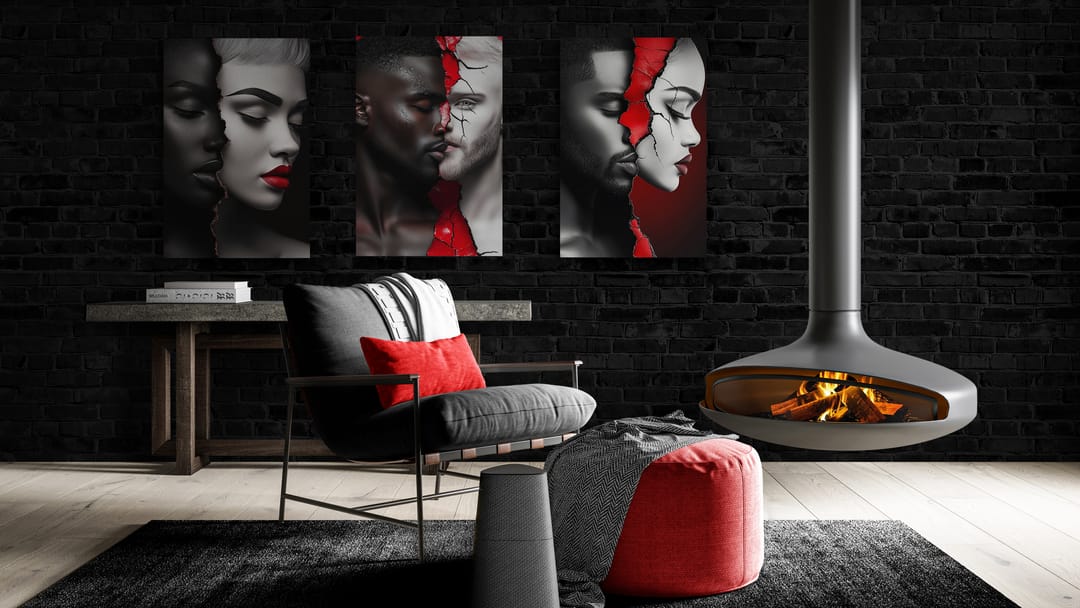 Milton Wes Art modern living room featuring metal and framed canvas prints, showcasing African-American, Black art, abstract, and contemporary designs. The collection includes striking, bold artwork in black, white, and red tones, adding elegance and cultural depth to any space.