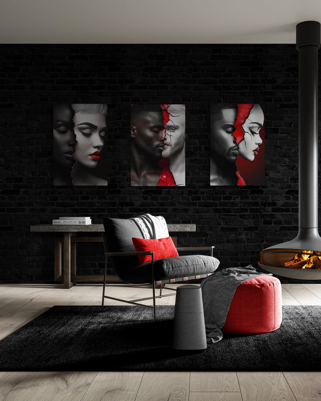 Milton Wes Art modern living room featuring metal and framed canvas prints, showcasing African-American, Black art, abstract, and contemporary designs. The collection includes striking, bold artwork in black, white, and red tones, adding elegance and cultural depth to any space.