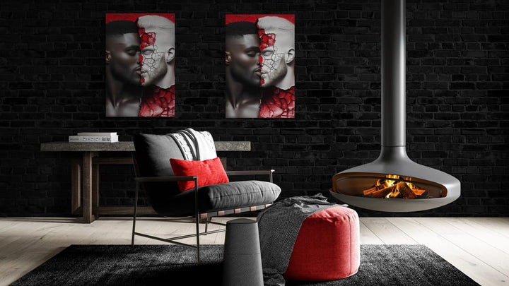 “Modern living room with two metal prints by Corey Wesley from Milton Wes Art, featuring abstract faces with cracked textures in red and black. Suspended fireplace and red accents add to the contemporary design