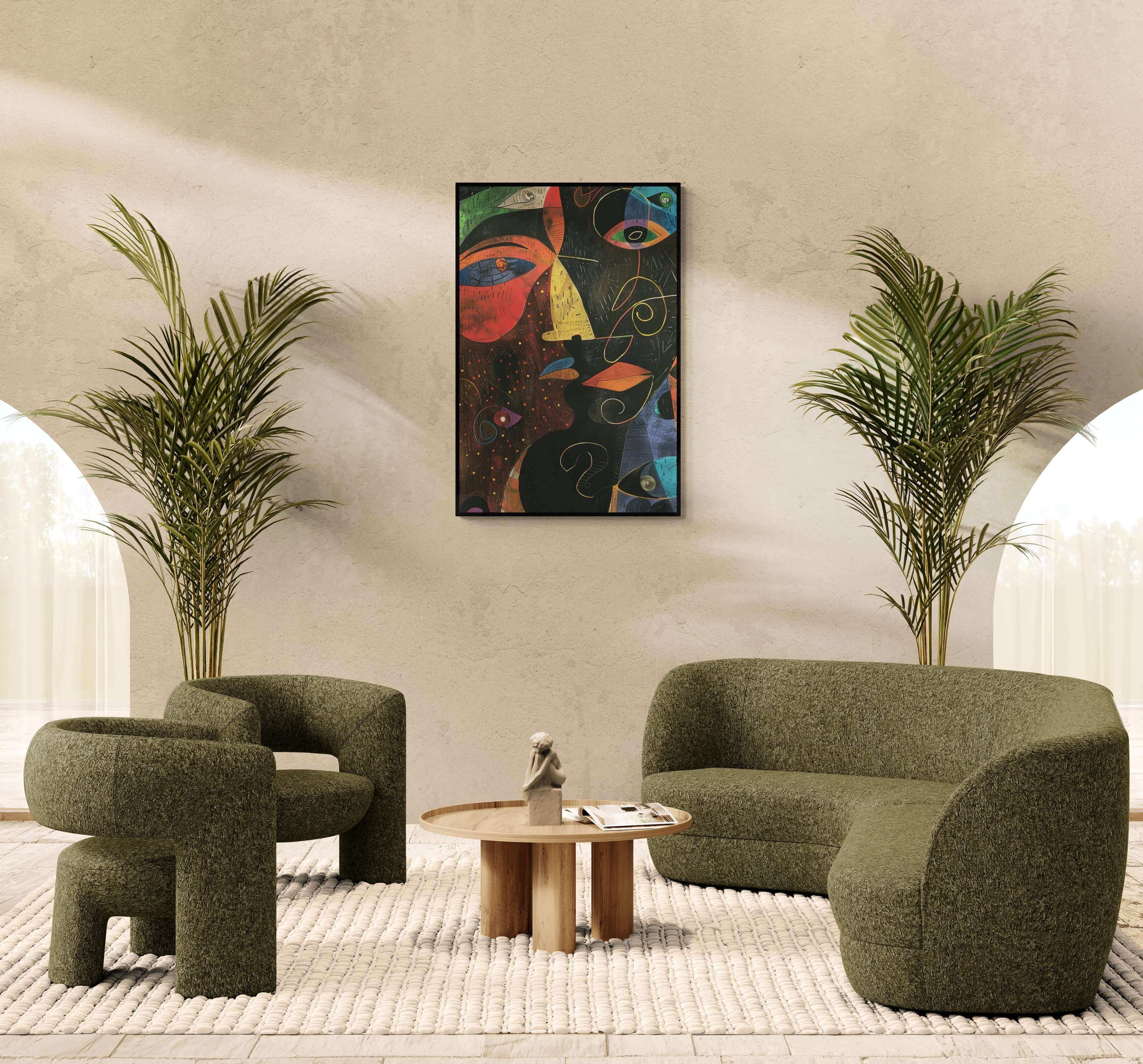 Dynamic abstract piece ‘Mystery in Colors Canvas | African-American Abstract Wall Art’ with vibrant colors and powerful imagery of African-American themes, ideal for home decor by Milton Wes Art.