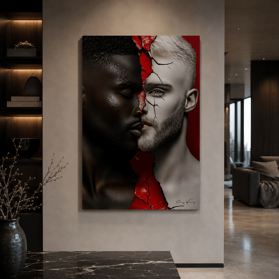 Love and Lies contemporary art by Corey Wesley shown at actual 24x36 size in gallery setting