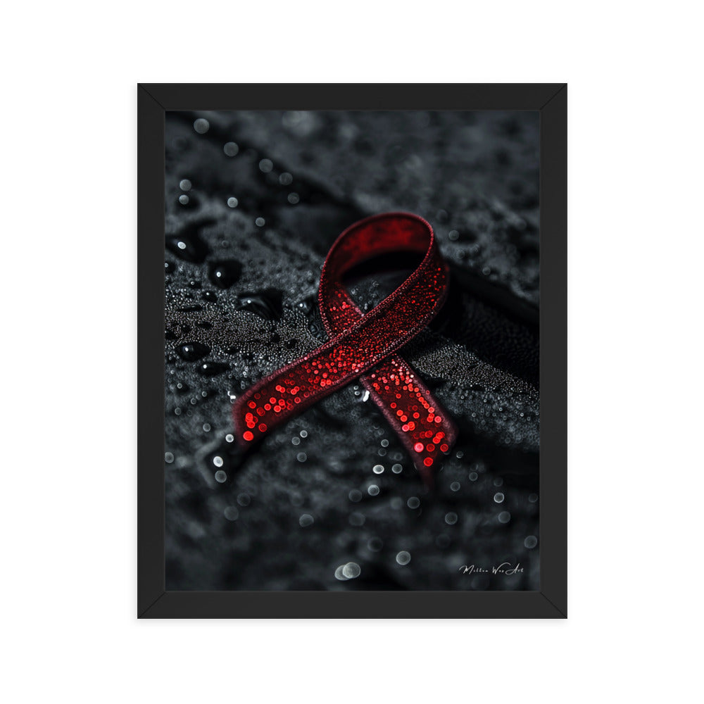 Framed Poster Print - Red AIDS Awareness Ribbon with Water Droplets