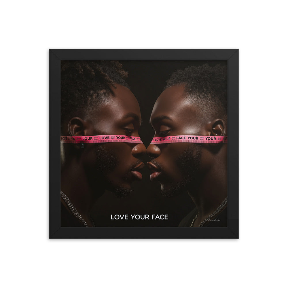 Artistic poster of two men facing each other with "LOVE YOUR FACE" tape measures across their eyes, emphasizing themes of identity and self-acceptance by Milton Wes Art