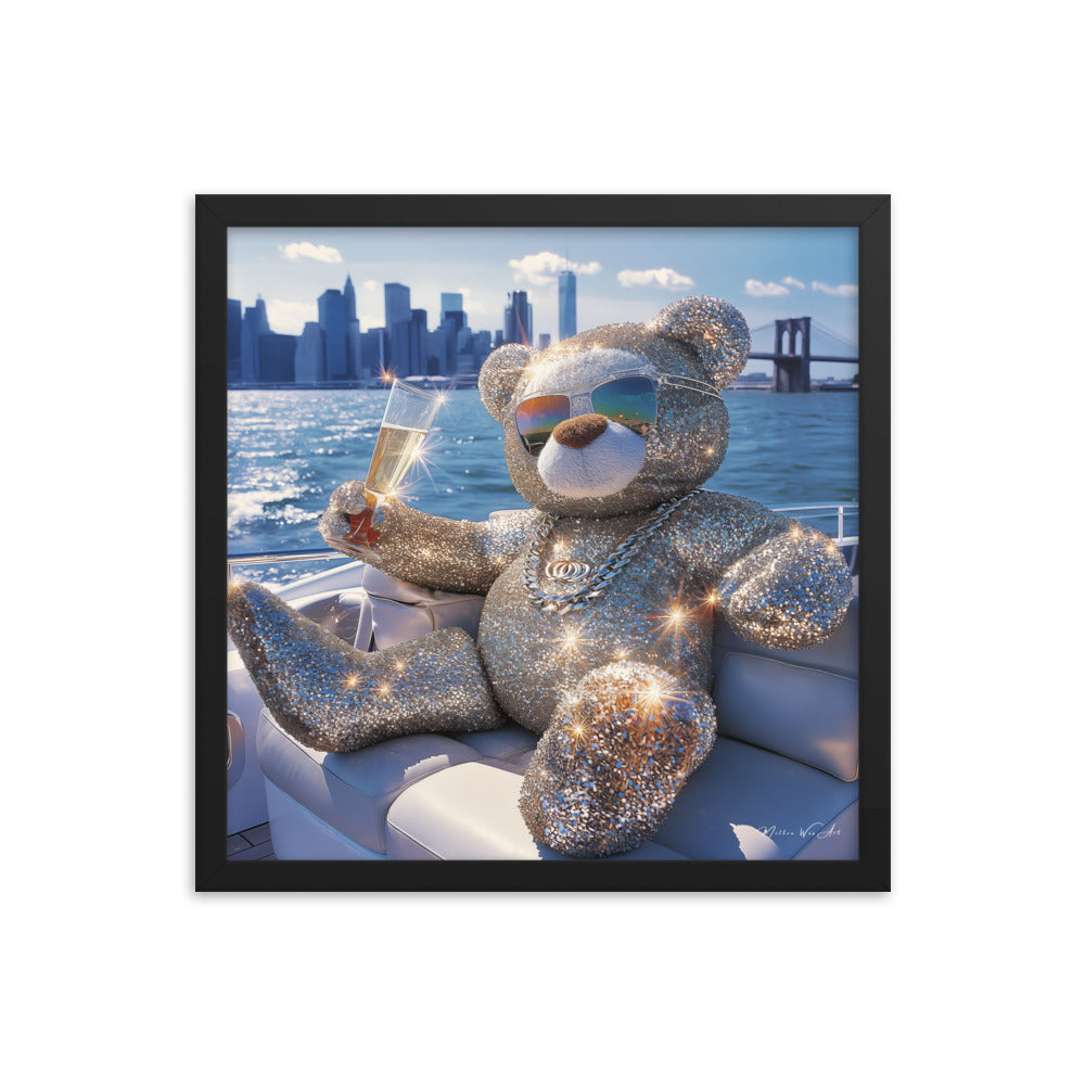 Luxury framed poster of crystal-encrusted Framed Poster Print: teddy bear on yacht with city skyline by Milton Wes Art
