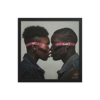 Two models wearing "Love Your Face" signature blindfolds in a close, artistic pose by Milton Wes Art