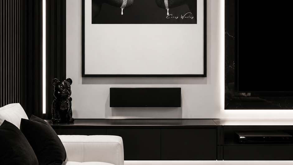 Presence Undiminished by Corey Wesley, 24x36 framed contemporary artwork displayed in modern luxury living room with minimalist black and white design, Milton Wes Art"