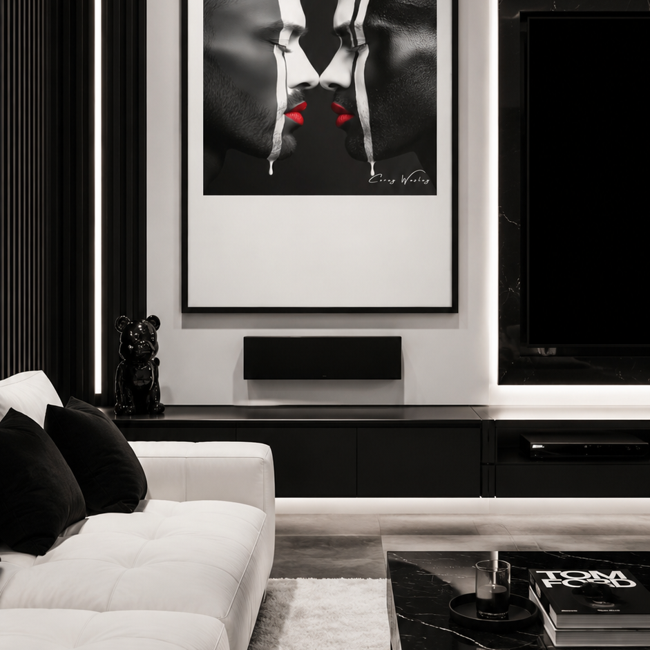 Presence Undiminished by Corey Wesley, 24x36 framed contemporary artwork displayed in modern luxury living room with minimalist black and white design, Milton Wes Art"