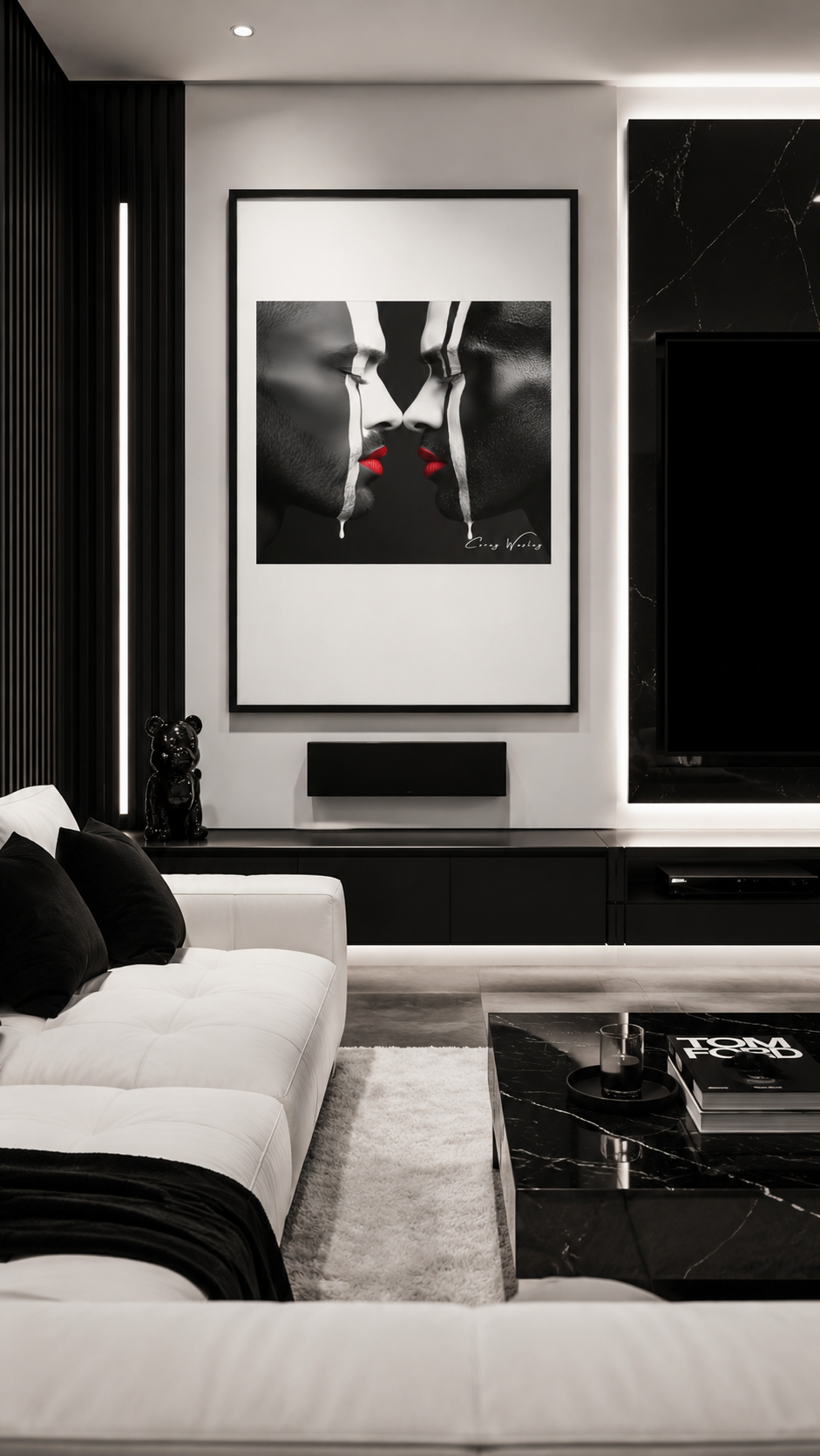 Presence Undiminished by Corey Wesley, 24x36 framed contemporary artwork displayed in modern luxury living room with minimalist black and white design, Milton Wes Art" contemporary figurative portrait artwork by Harlem artist Corey Wesley