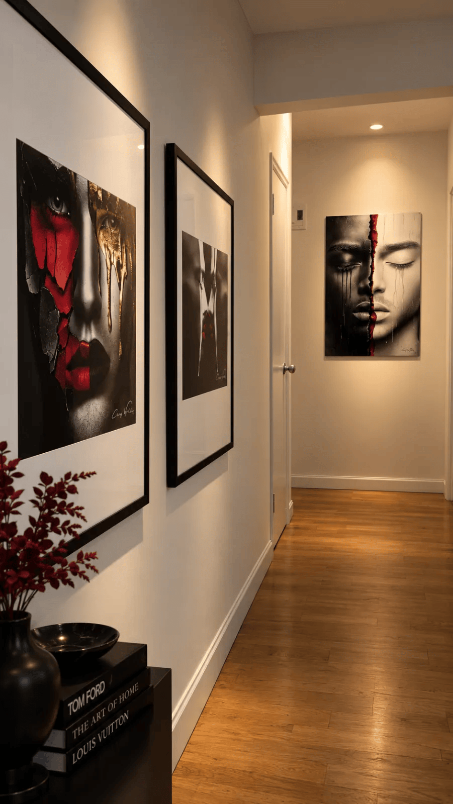 Tears Flowing by Corey Wesley, mounted on the wall at the far end of a hallway.