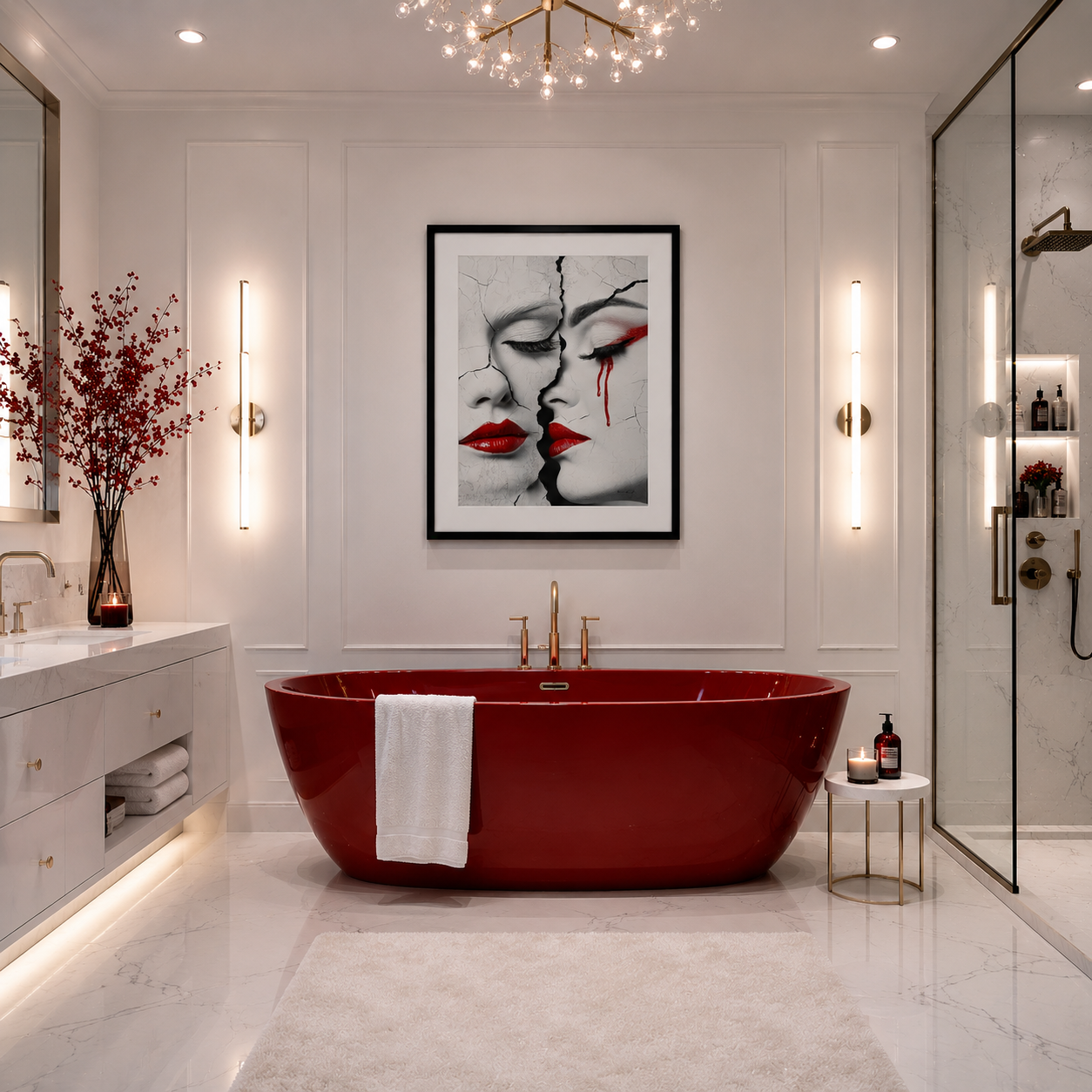 Reflections by Corey Wesley, 24x36 framed contemporary artwork displayed in modern luxury master bathroom above freestanding red soaking tub, Milton Wes Art contemporary figurative portrait artwork by Harlem artist Corey Wesley