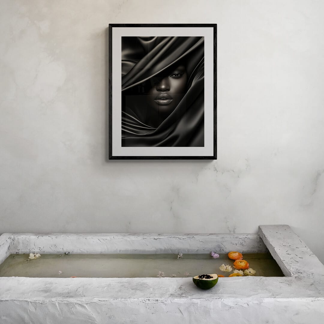 Elegant African-American portrait wall art with Ayous wood frame hanging on a wall above a bathtub.