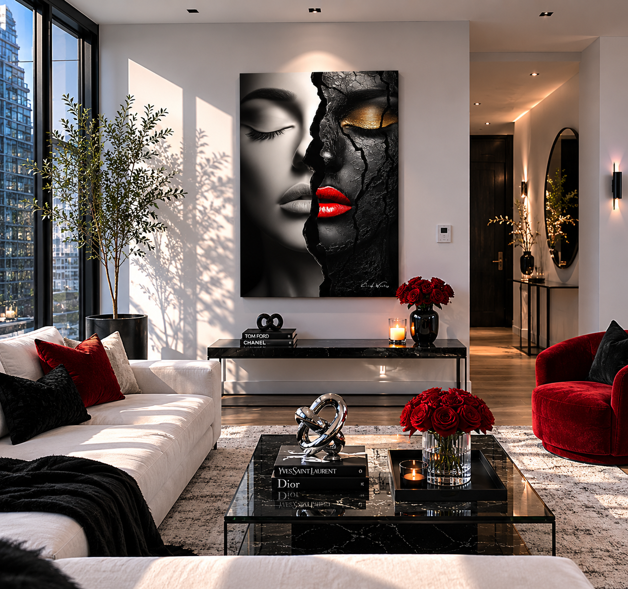 Seconds by Corey Wesley, 24x36 contemporary artwork on aluminum displayed in modern luxury foyer with floor-to-ceiling windows and city views, Milton Wes Art contemporary figurative portrait artwork by Harlem artist Corey Wesley