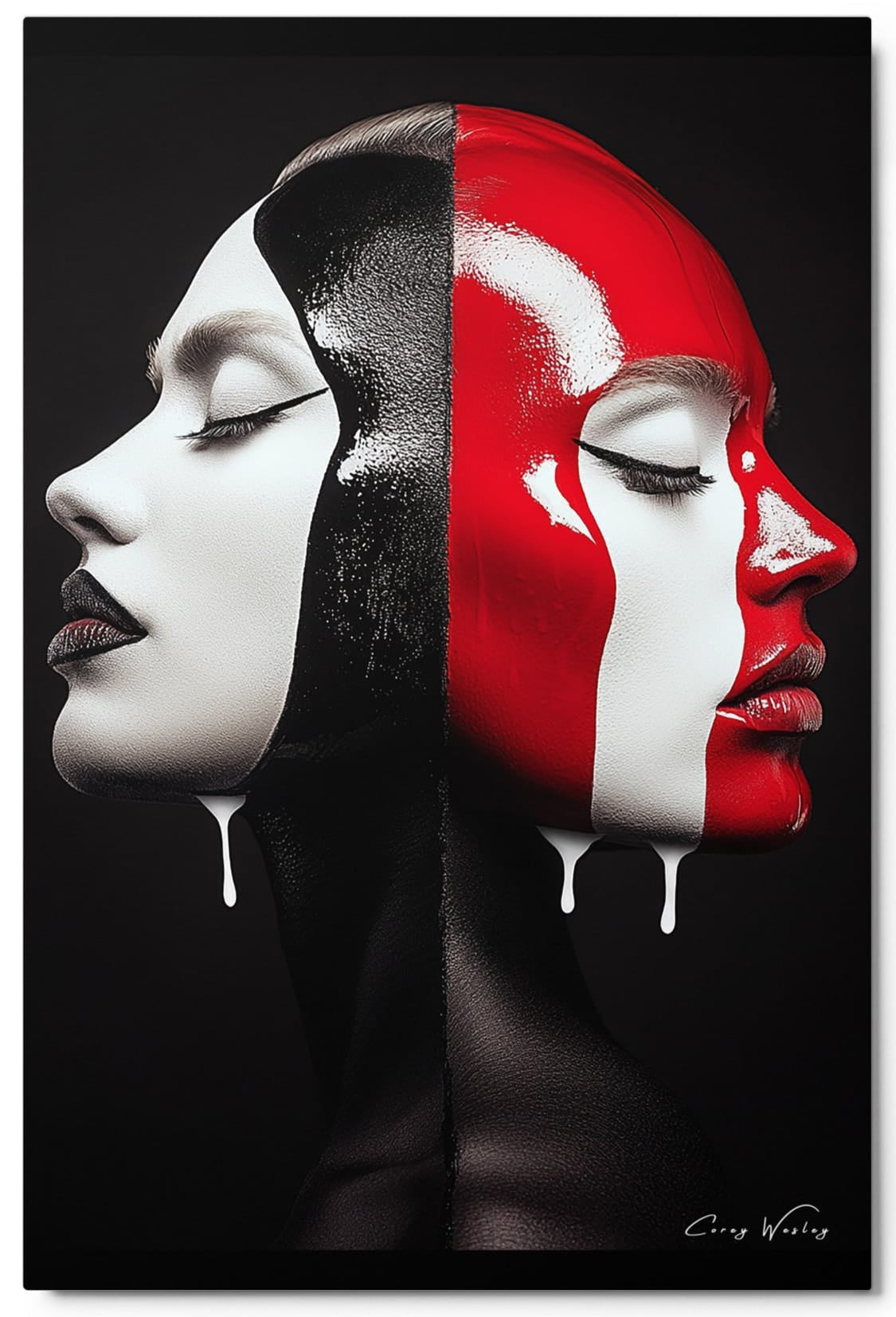 Split in Silence by Corey Wesley. Two profiles back to back, one pale and one painted glossy red with white stripes, white paint dripping.
