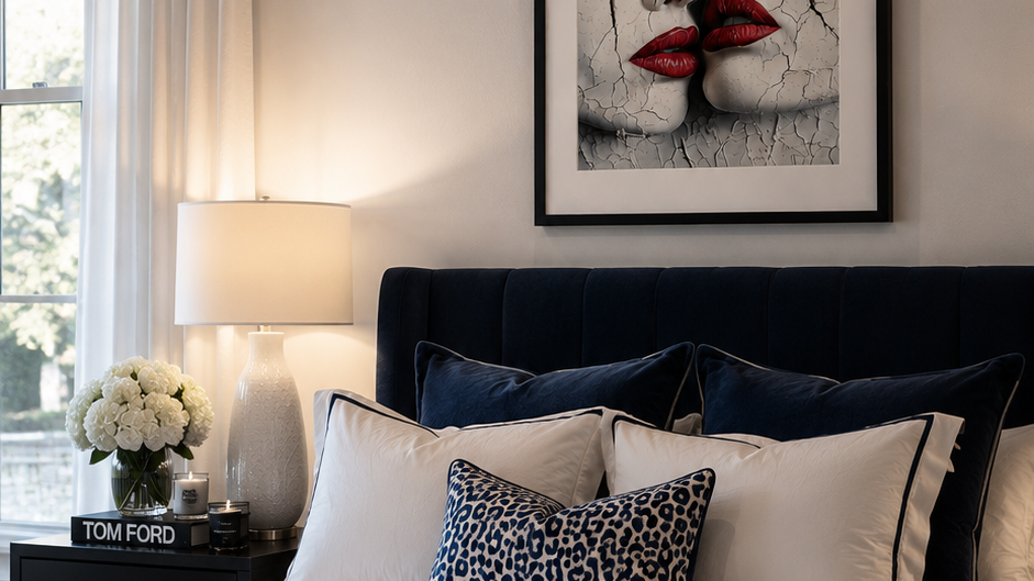 The Allure by Corey Wesley, 24x36 framed contemporary artwork displayed above bed in luxury penthouse bedroom with NYC skyline views, Milton Wes Art