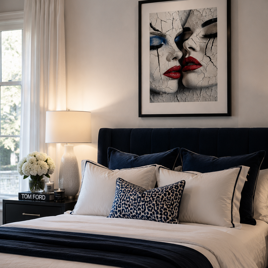 The Allure by Corey Wesley, 24x36 framed contemporary artwork displayed above bed in luxury penthouse bedroom with NYC skyline views, Milton Wes Art