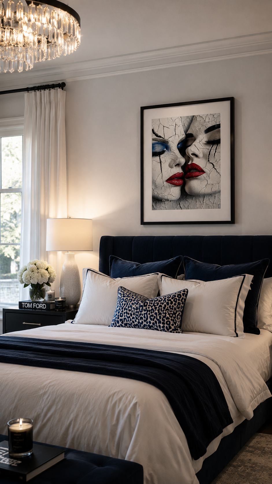 The Allure by Corey Wesley, 24x36 framed contemporary artwork displayed above bed in luxury penthouse bedroom with NYC skyline views, Milton Wes Art contemporary figurative portrait artwork by Harlem artist Corey Wesley