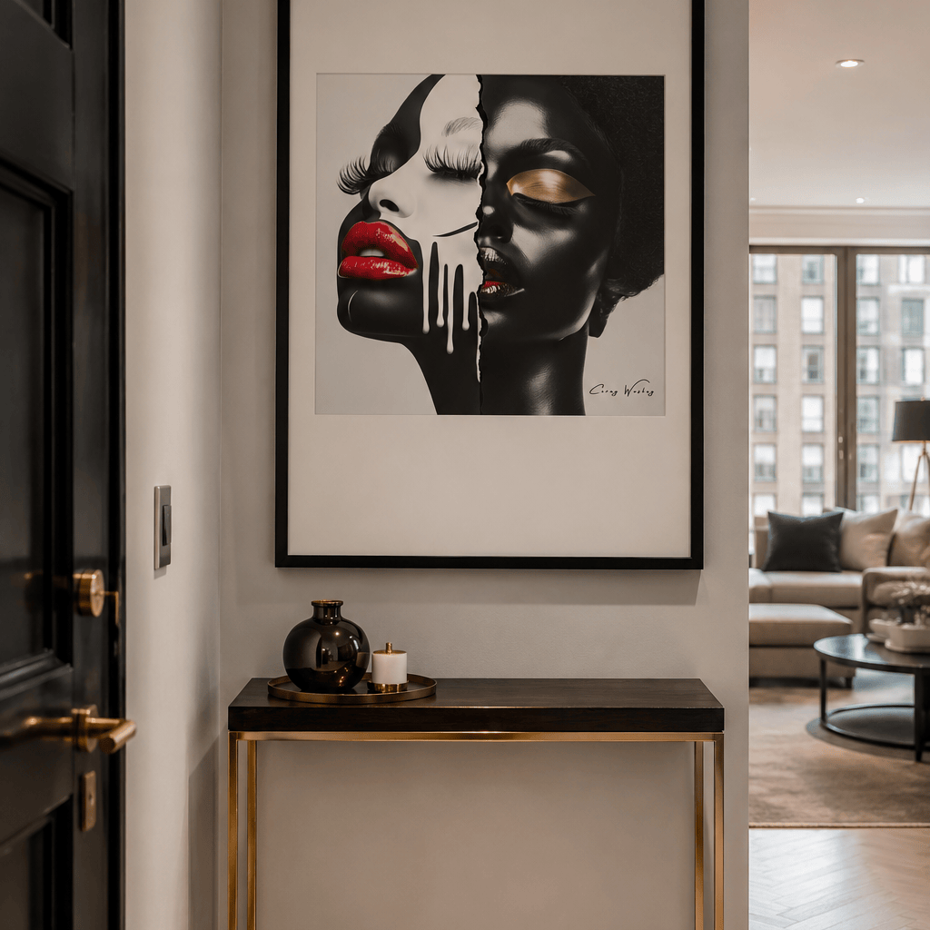 The face trauma builds to survive, split from the self beneath. A one of one framed contemporary work by Harlem artist Corey Wesley. 24×36. Acquire at miltonwesart.com.