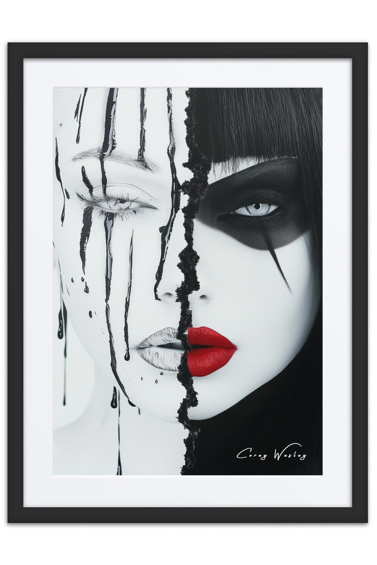 The Villain They Made by Corey Wesley. A face split down the middle, a pale half streaked with black drips and a half with dark eye paint and red lips.