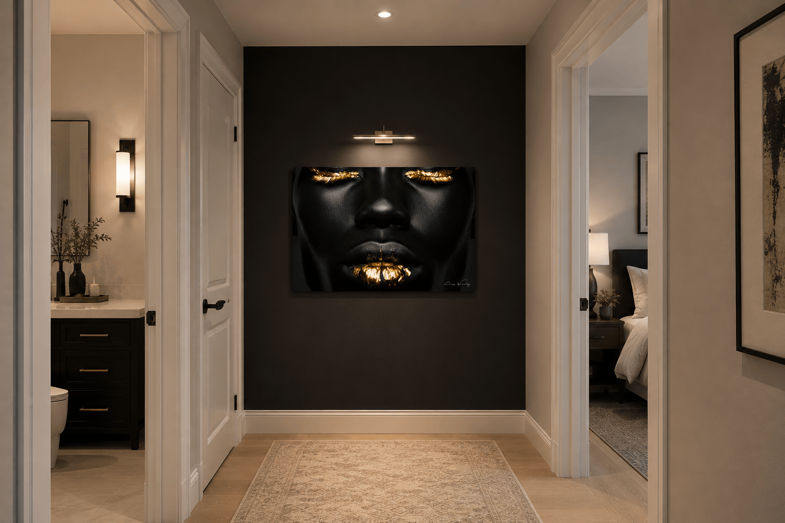 The Whisper Becomes the Push — one of one aluminum artwork by Harlem artist Corey Wesley shown in a modern hallway, 36x24, Milton Wes Art NYC