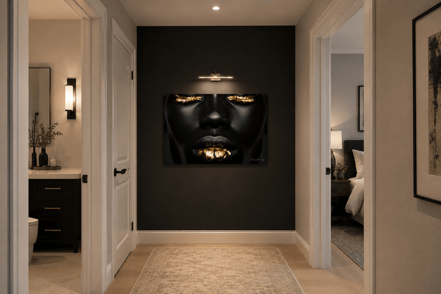 The Whisper Becomes the Push — one of one aluminum artwork by Harlem artist Corey Wesley shown in a modern hallway, 36x24, Milton Wes Art NYC