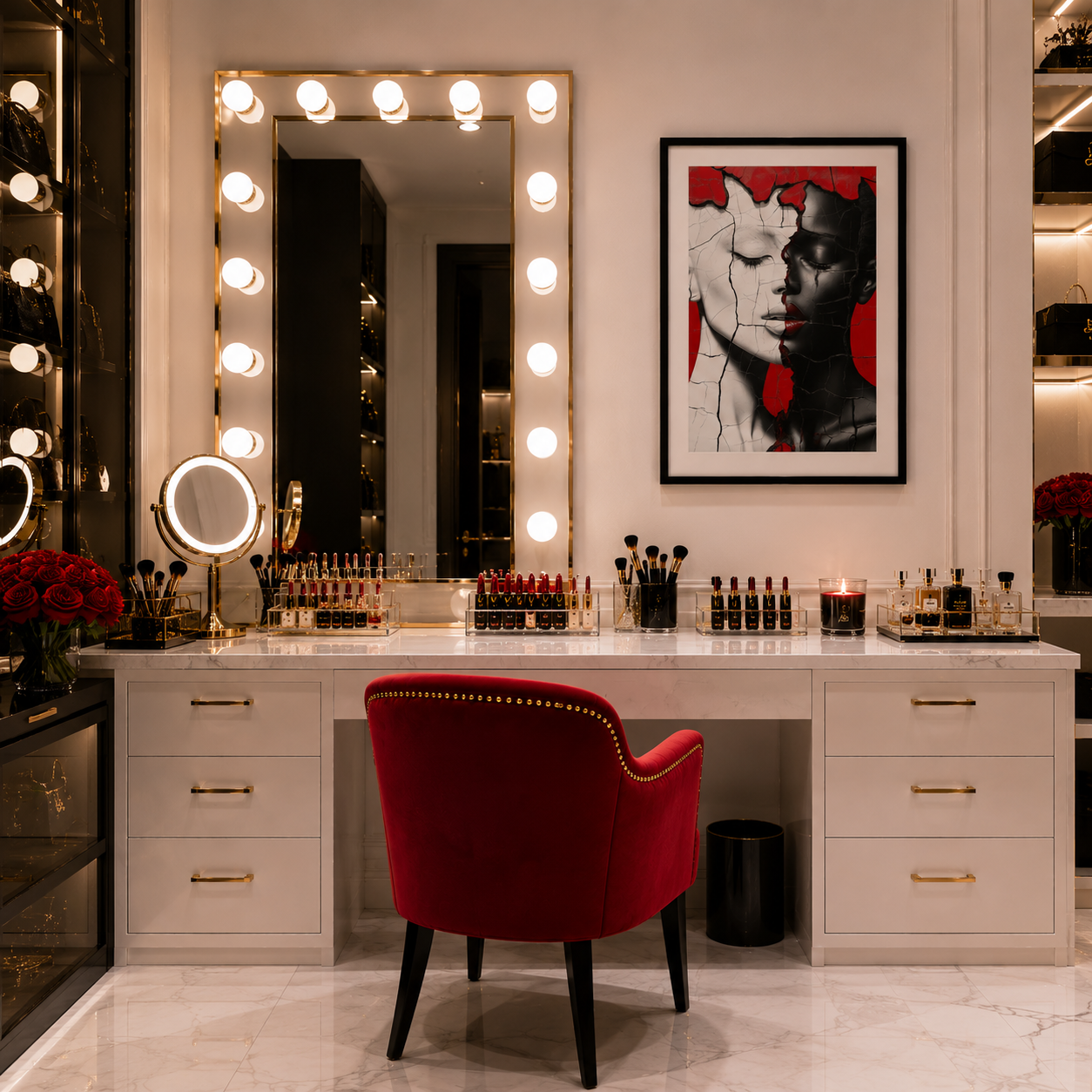 Twin Beauty by Corey Wesley, 24x36 framed contemporary artwork displayed in modern luxury master bathroom above freestanding red soaking tub, Milton Wes Art contemporary figurative portrait artwork by Harlem artist Corey Wesley