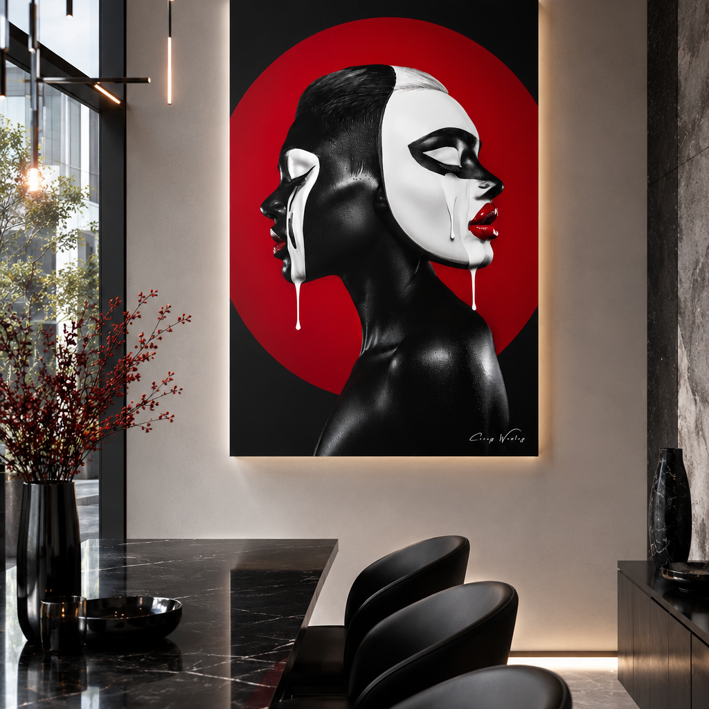 Two-Faced by Corey Wesley, 24x36 contemporary artwork on aluminum displayed in modern luxury office with backlighting, Milton Wes Art