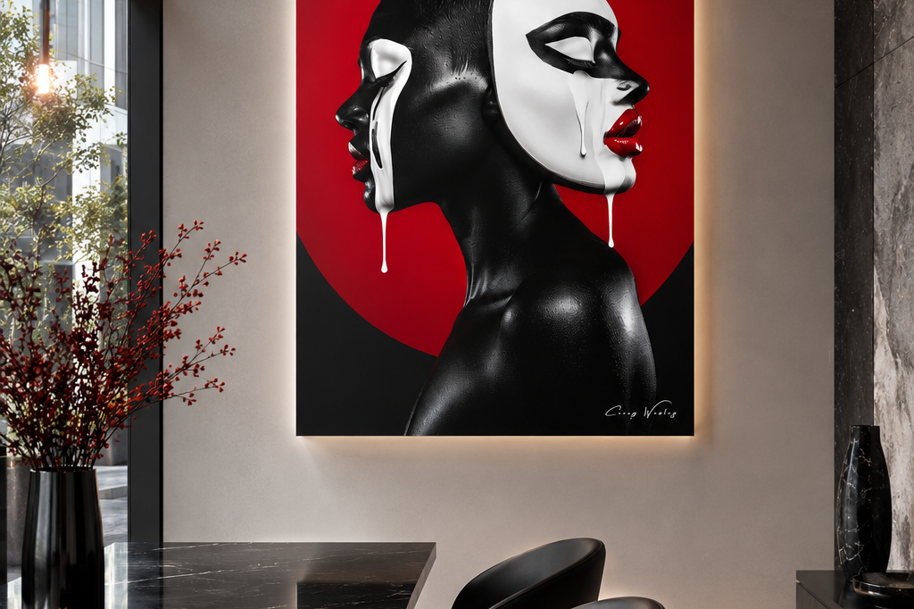 Two-Faced by Corey Wesley, 24x36 contemporary artwork on aluminum displayed in modern luxury office with backlighting, Milton Wes Art