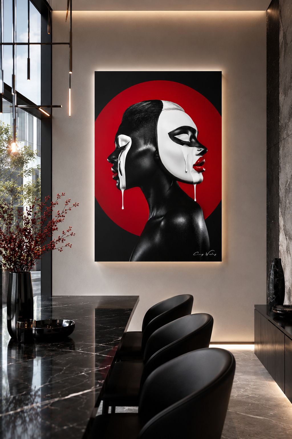 Two-Faced by Corey Wesley, 24x36 contemporary artwork on aluminum displayed in modern luxury office with backlighting, Milton Wes Art contemporary figurative portrait artwork by Harlem artist Corey Wesley