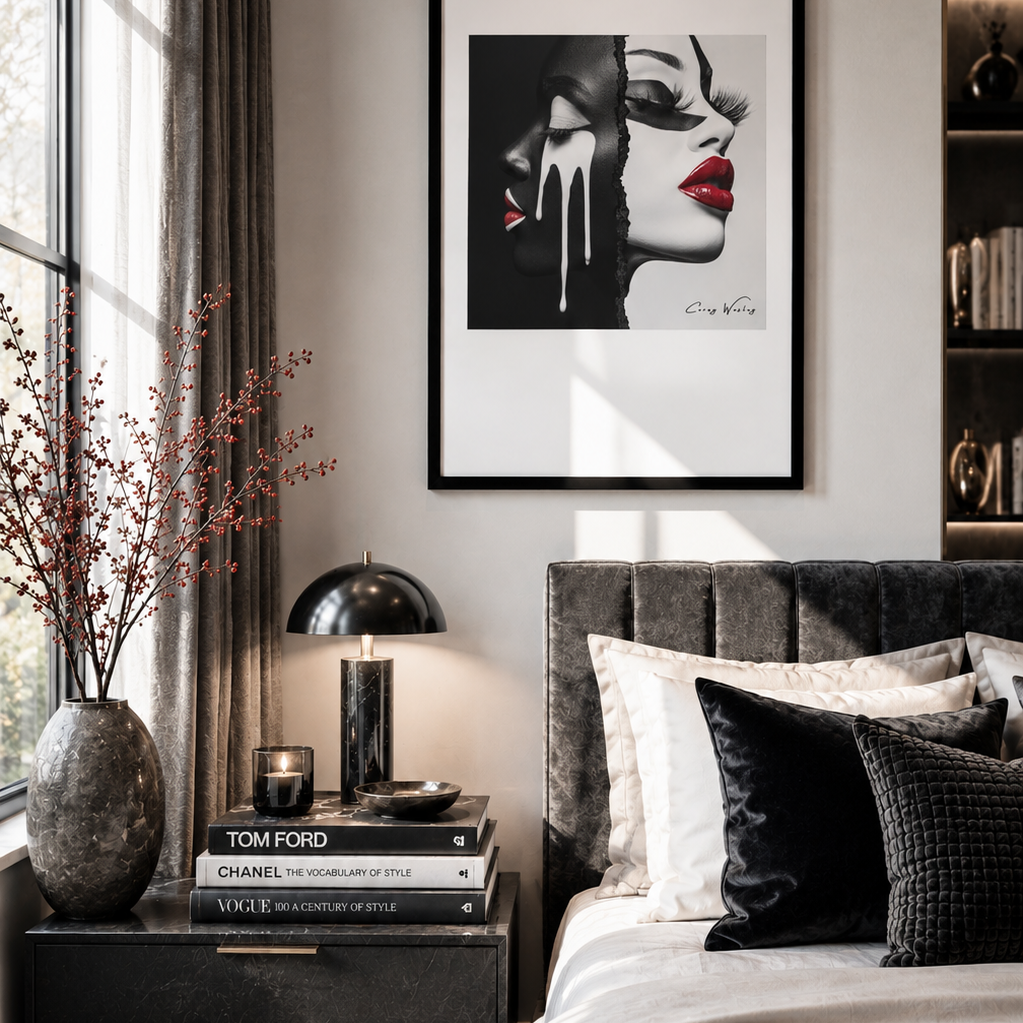 Two Truths One Body framed artwork, 24x36, displayed above bed in modern bedroom with luxury styling"