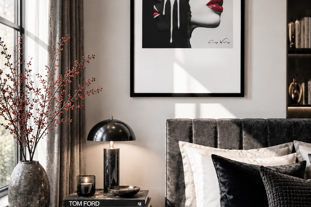 Two Truths One Body framed artwork, 24x36, displayed above bed in modern bedroom with luxury styling"
