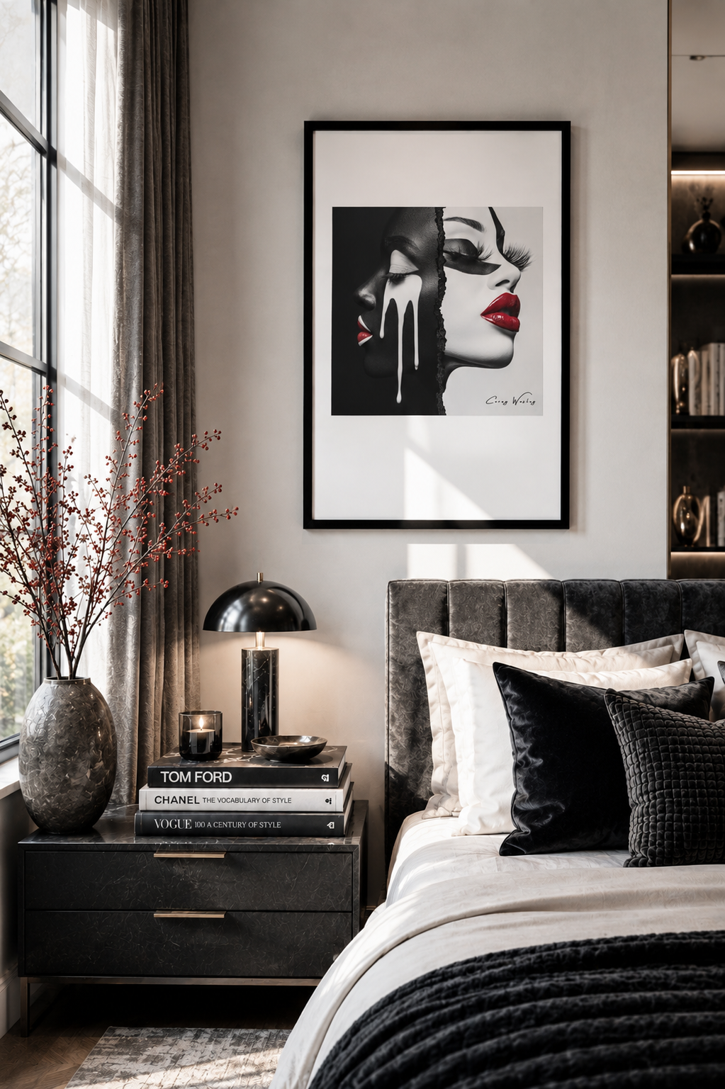 Two Truths One Body framed artwork, 24x36, displayed above bed in modern bedroom with luxury styling" contemporary figurative portrait artwork by Harlem artist Corey Wesley