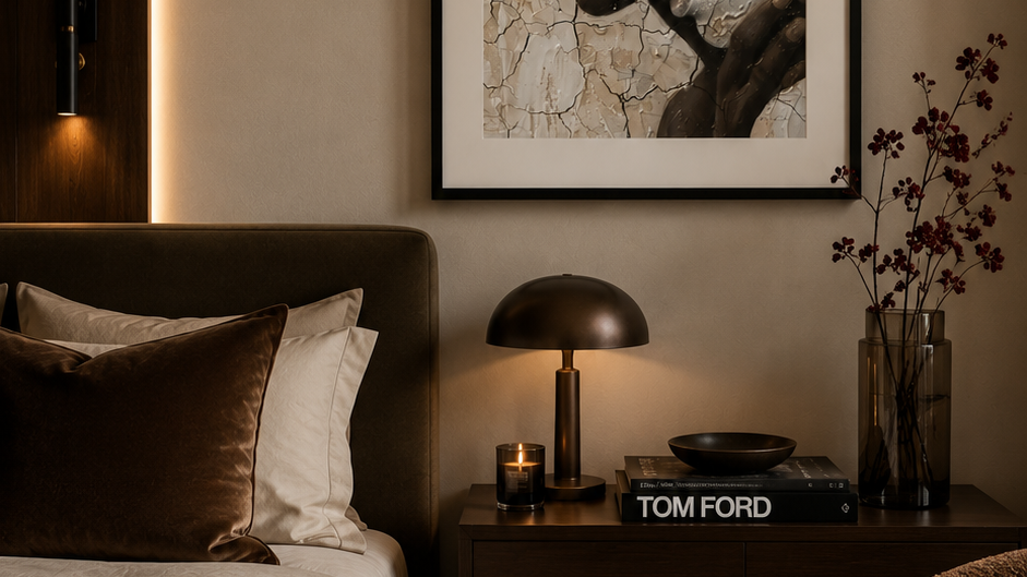 Unapologetic Embrace by Corey Wesley, 18x24 framed contemporary artwork displayed in modern luxury bedroom with warm lighting and minimalist design, Milton Wes Art