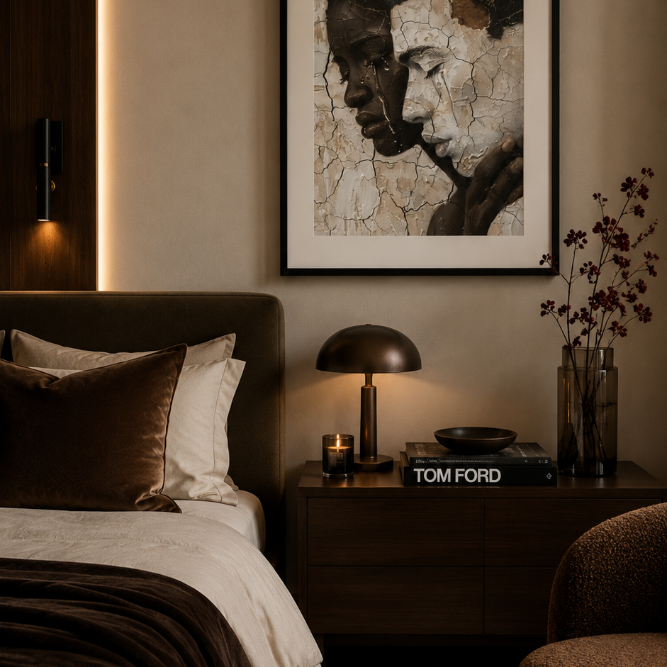 Unapologetic Embrace by Corey Wesley, 18x24 framed contemporary artwork displayed in modern luxury bedroom with warm lighting and minimalist design, Milton Wes Art