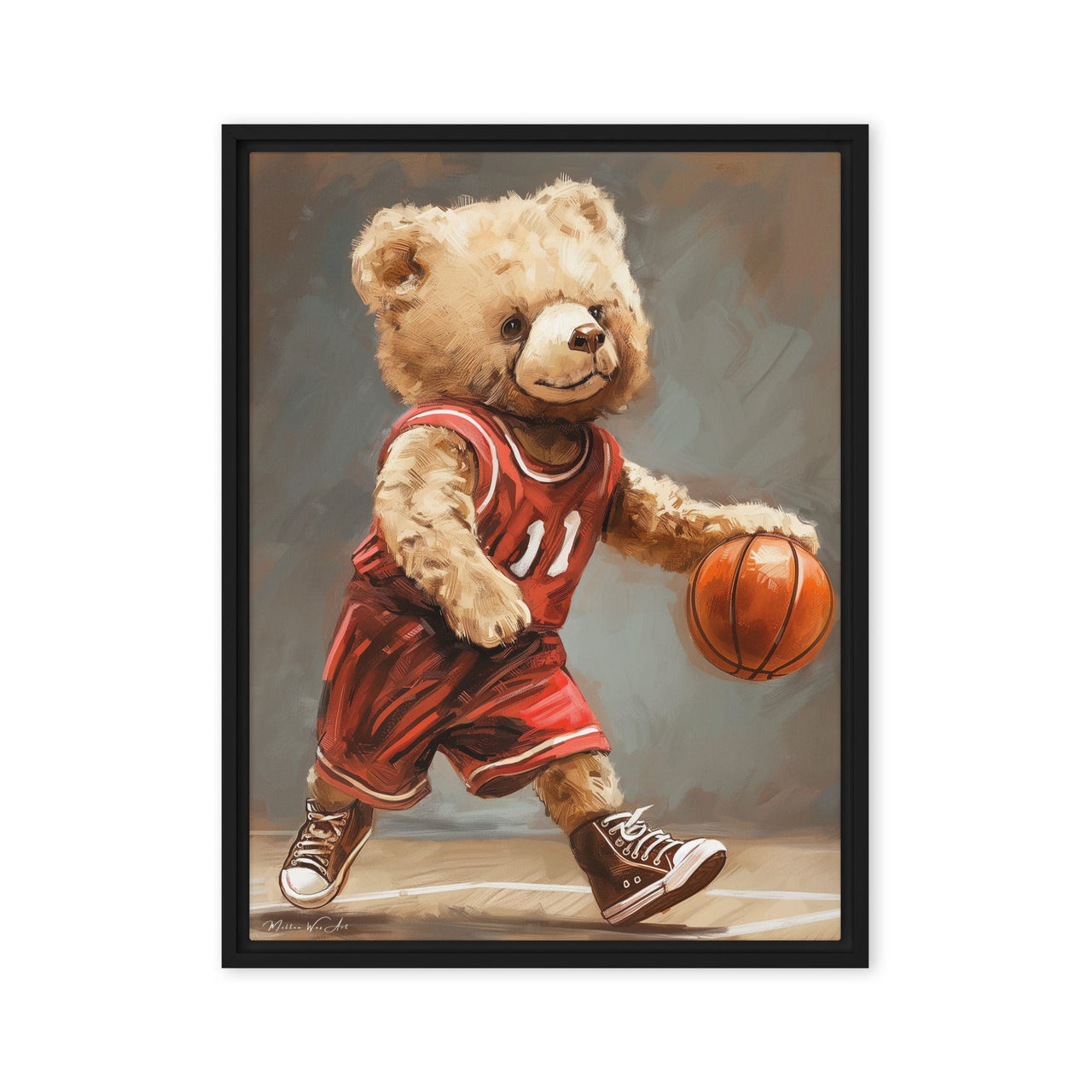 Dribbling Bear Framed Canvas Print - Basketball Art - Milton Wes Art Wall Art