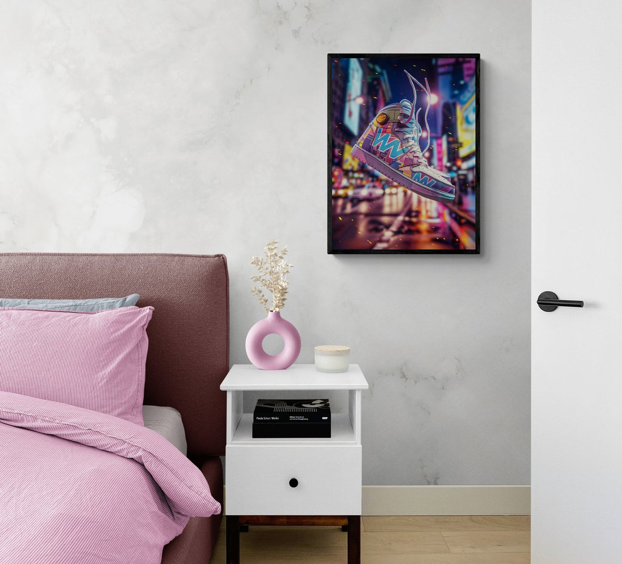 Eclectic framed poster print from Milton Wes Art featuring vibrant, neon-lit street art and urban imagery, adding a pop of color to a modern bedroom with chic decor, available at miltonwesart.com, Harlem NYC