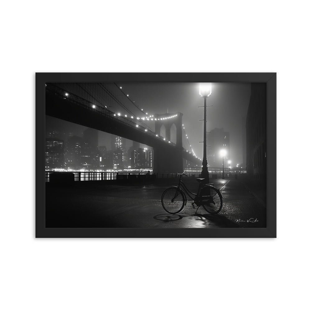 Monochromatic framed poster print from Milton Wes Art capturing a serene nighttime cityscape with a bicycle, creating a contemplative mood in a room with stylish furnishings and white brick walls, available at miltonwesart.com, Harlem NYC.