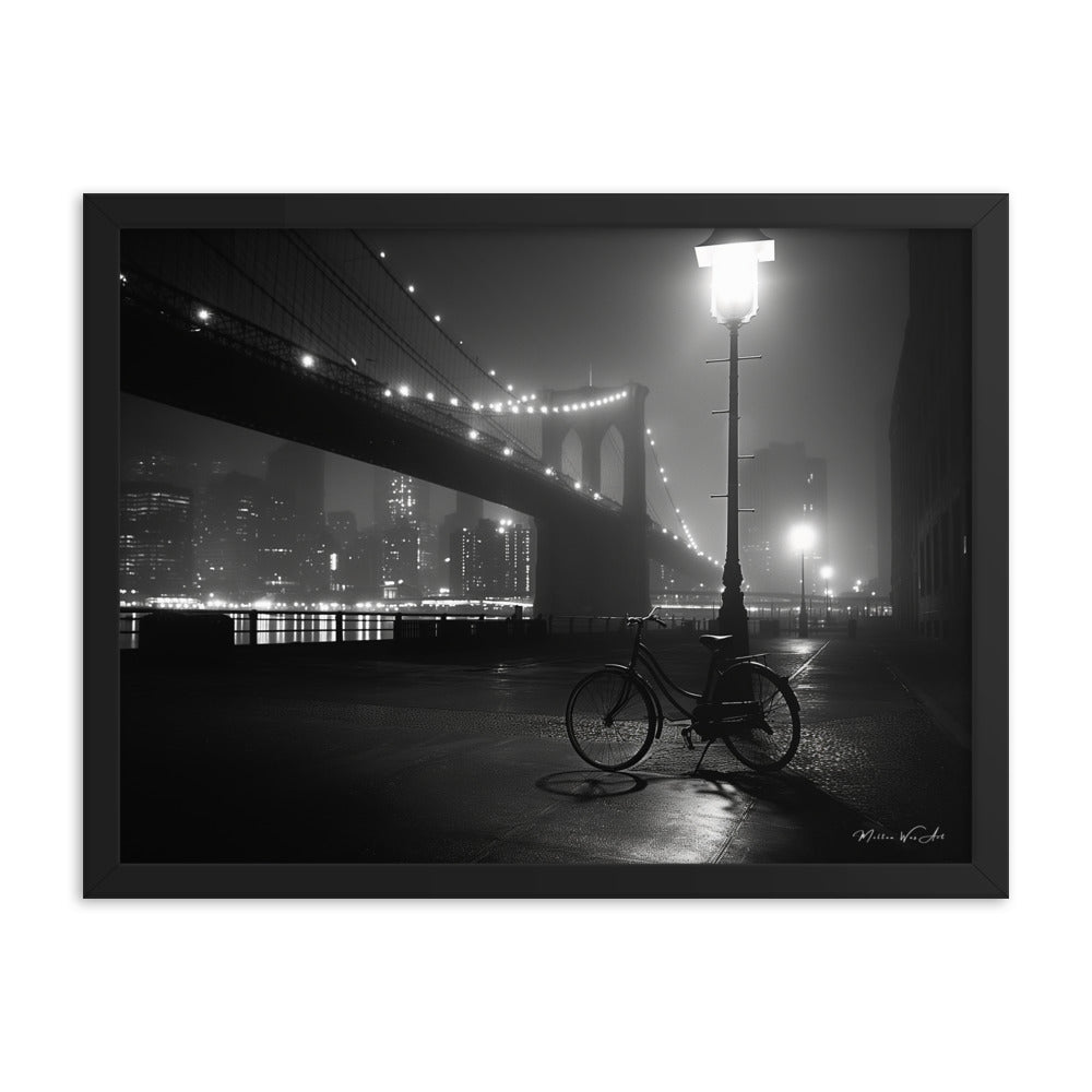New York Cityscape Framed Poster - Vintage Bicycle & Brooklyn Bridge - Milton Wes Art Wall Art