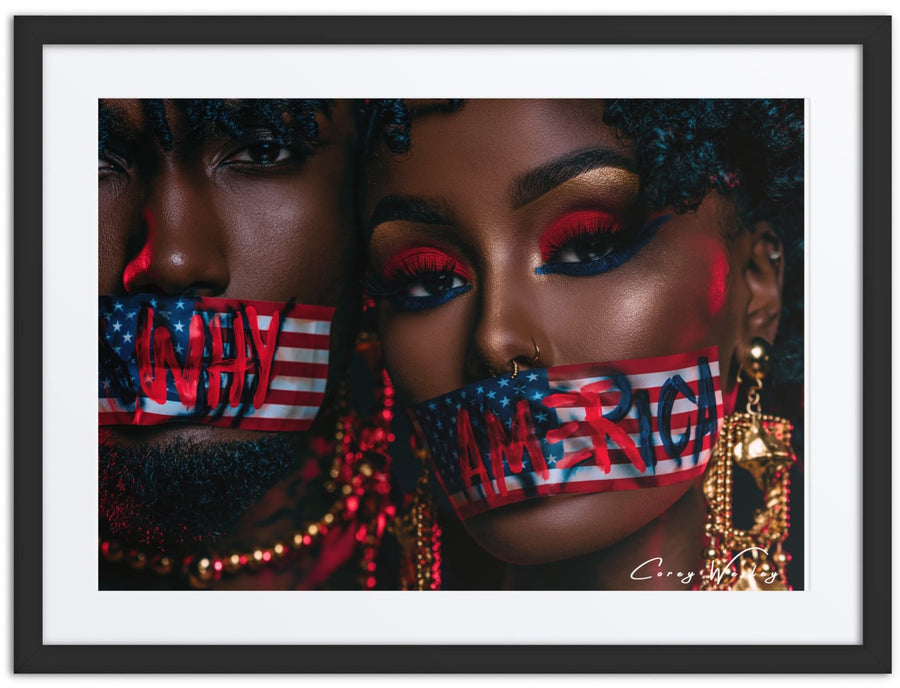 Why America, one-of-one framed figurative wall art by Harlem artist Corey Wesley, 24x18, Milton Wes Art, Harlem NYC