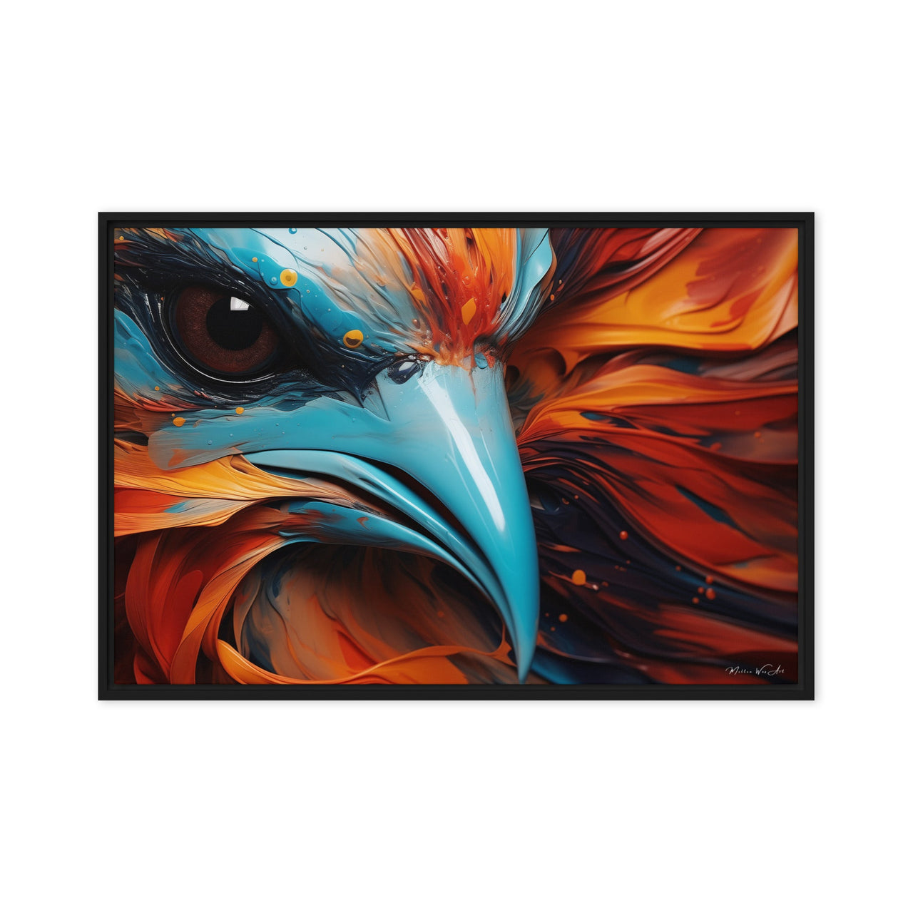 Intense and vivid framed canvas print of an eagle's gaze, with fiery orange feathers, by Milton Wes Art, mounted on a minimalist white wall above a sleek teal daybed, adding a powerful aesthetic to the room.